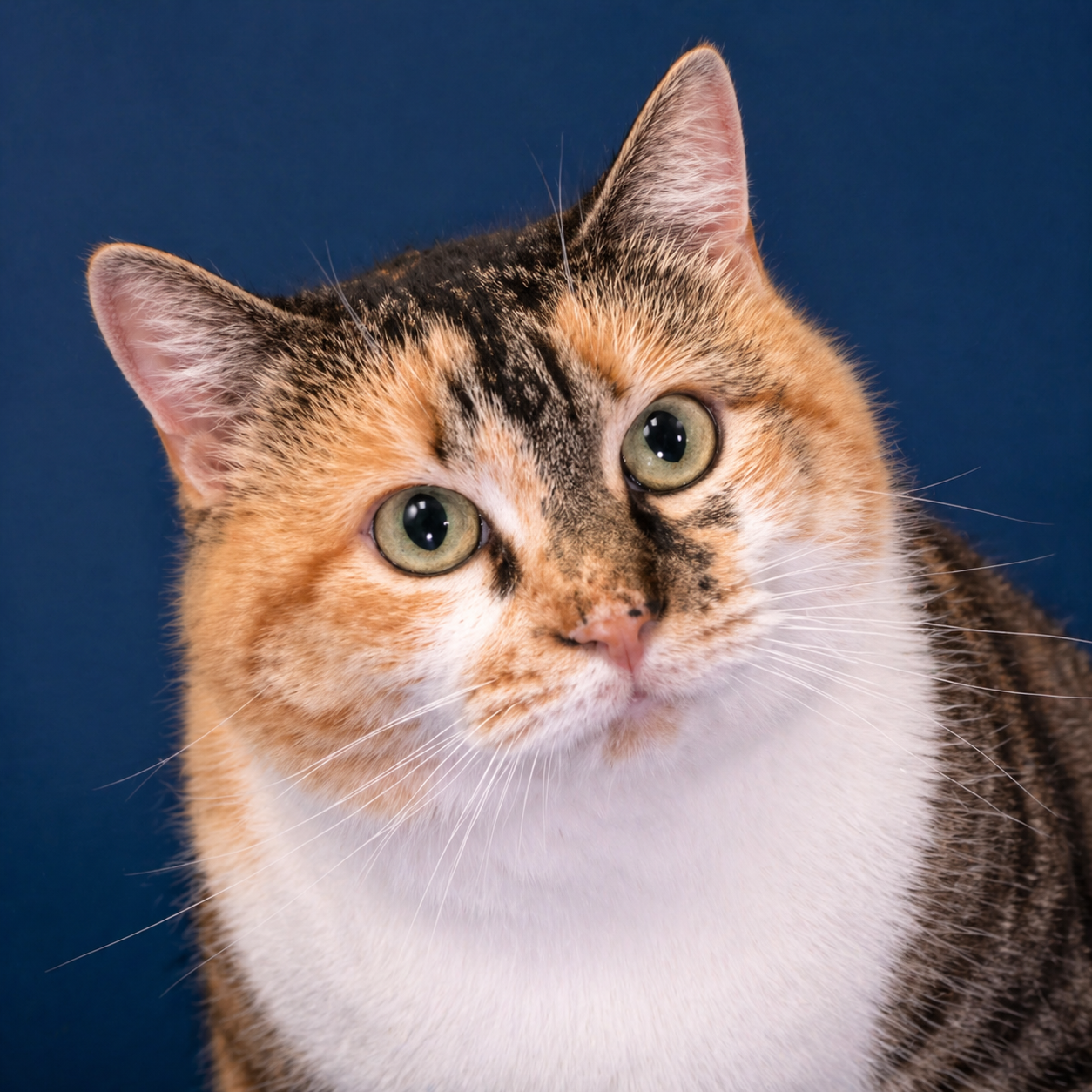 Adoption-ready portrait of a calico cat