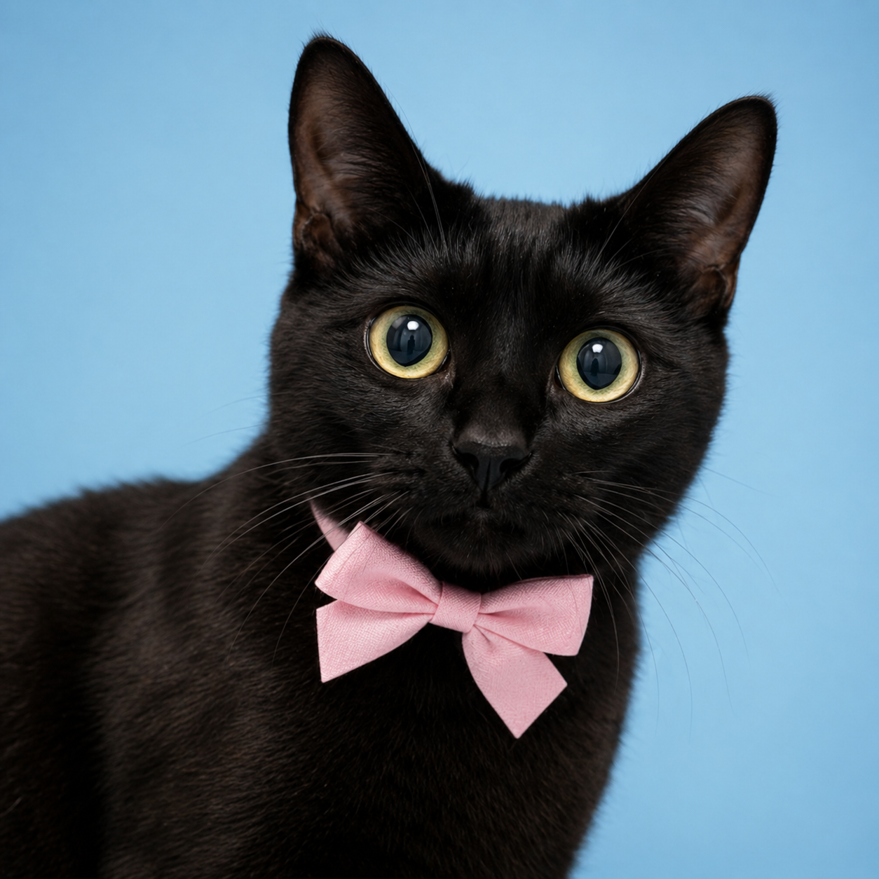 Adoption-ready portrait of a black cat with a pink bow