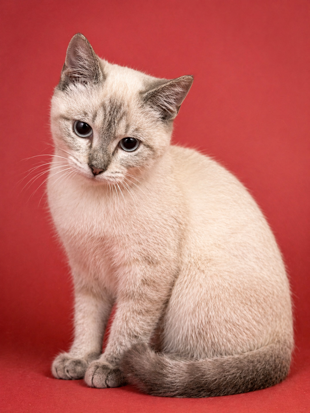 Full-body portrait of a Siamese kitten on a red background