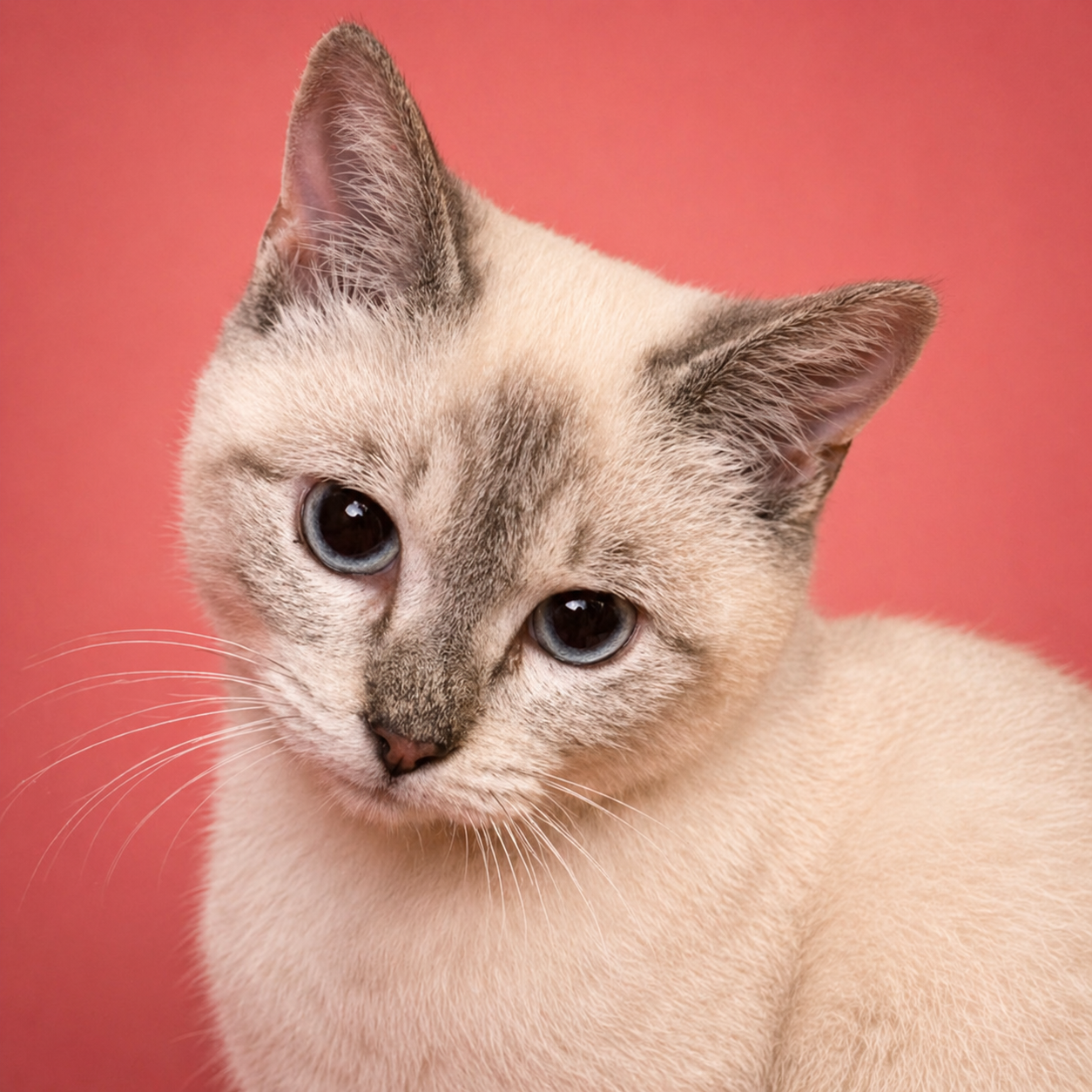 Close-up headshot portrait of a Siamese kitten on a pink background