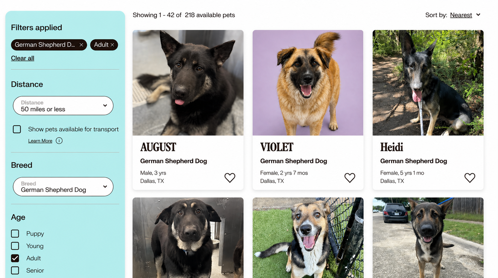 A Petfinder-style results page where the Pawfolio-styled pet portrait stands out against ordinary shelter photos